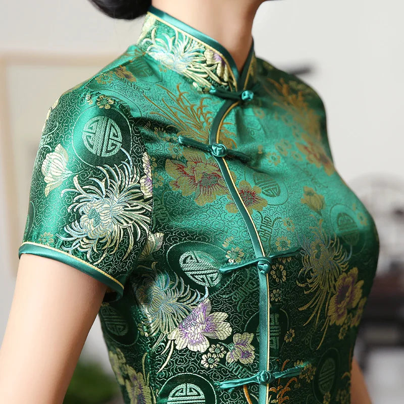 Green Brocade Satin Qipao Flower Mandarin Collar Cheongsam High Split Vestidos Oriental Bride Wedding Dresses Summer Party Gown - Seprincess