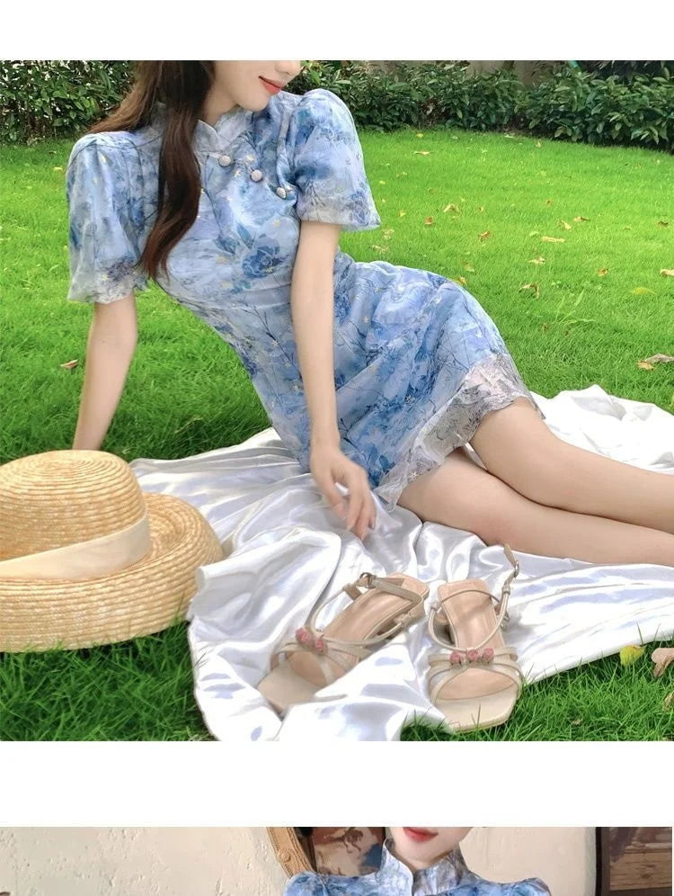 Summer French Short Sleeve Modern Chinese Dress Improvement Cheongsam Girl's Blue Print Fashion Dresses Qipao - Seprincess