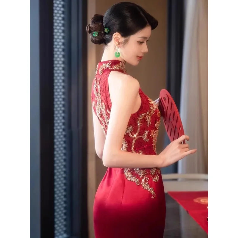 Autumn Traditional Chinese Clothing Qipao Red Sleeveless Stand Collar Embroidery Cheongsam Wedding Dress Elegant Evening Dress - Seprincess