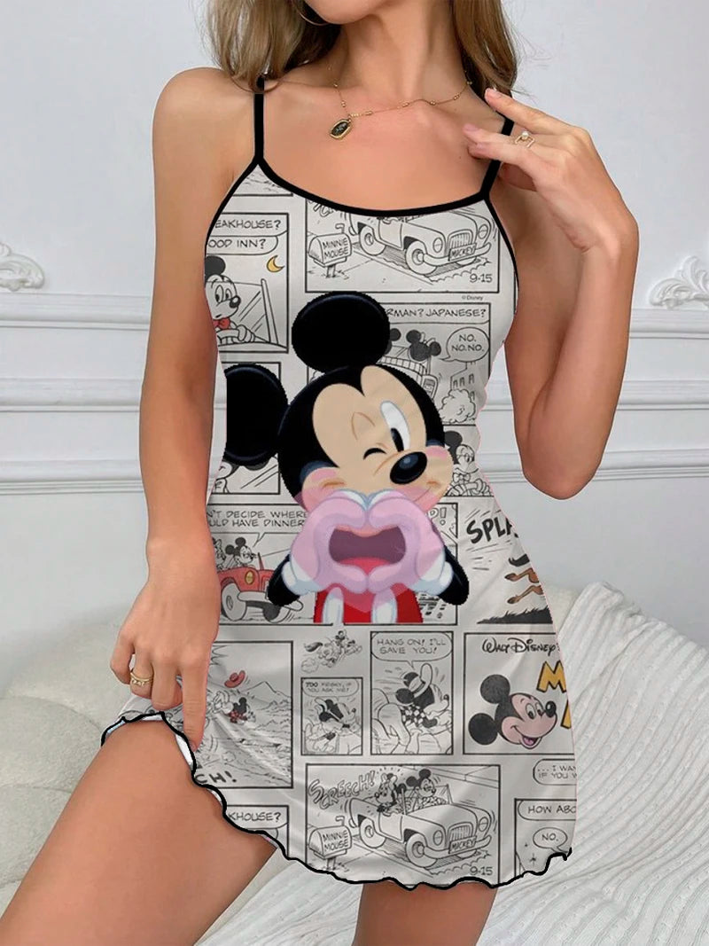 Sexy Dress Minnie Mouse Fashion Summer Dresses 2024 Disney Crew Neck Mickey Pajama Skirt Elegant Dresses for Women Lettuce Trim - Seprincess