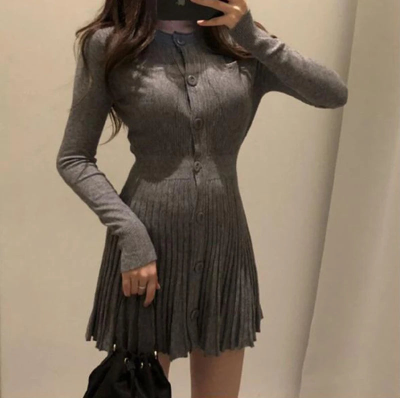 MEXZT Knitted Pleated Mini Dress Women Vintage Black Sweater Dresses Winter Korean Elegant Long Sleeve Pink Bodycon Vestidos New - Seprincess