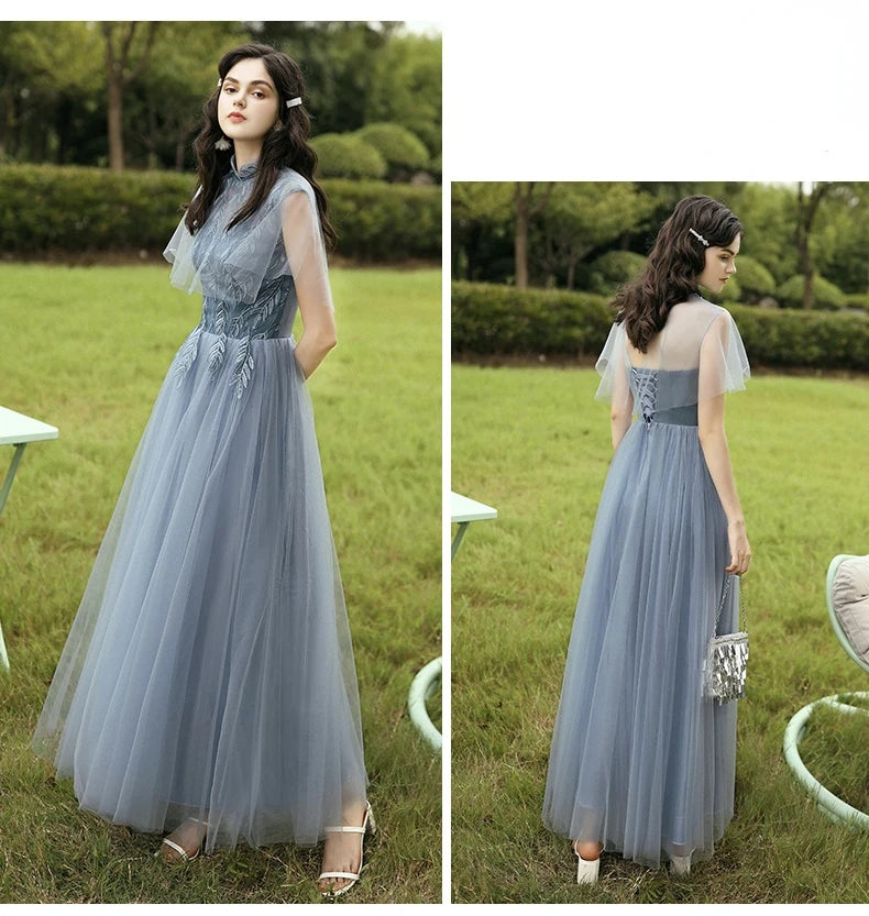 6 Styles Blue Long Bridesmaid Dresses Navy Coffee Prom Tulle Applique Lace Floor Length Gown Women Wedding Graduation Vestidos