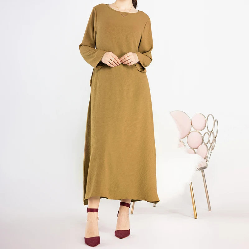 New Abaya Under Dress Long Sleeve With Pockets High Quality Jazz Crepe EID Muslim Women Basic Solid Modest Maxi Islamic Clothing - Seprincess