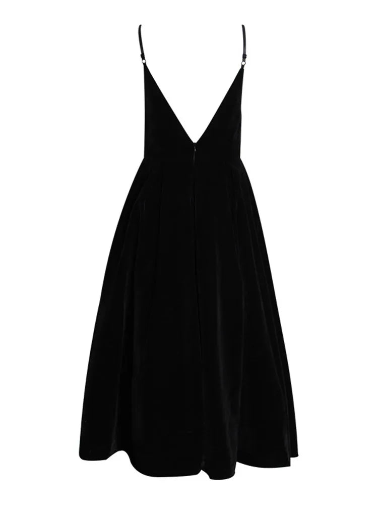 KBQ Backless Velvet Black Camisole Dress For Women V Neck Sleeveless Off Shoulder High Waist A Line Dresses Female Clothes New - Seprincess