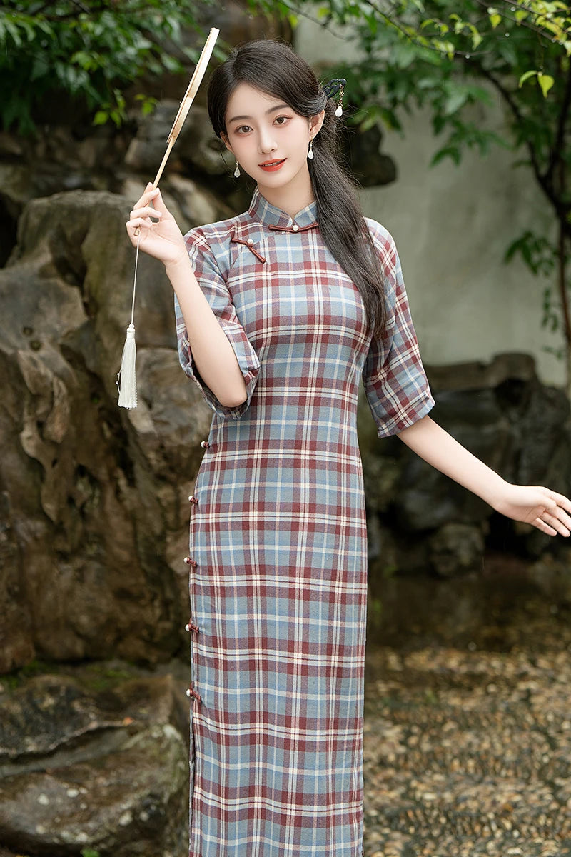 2024 Chinese Vintage Plaid Dress Women Plus Size Cheongsam 100% Cotton Qipao Long Improve Traditional Dresses 23622 - Seprincess