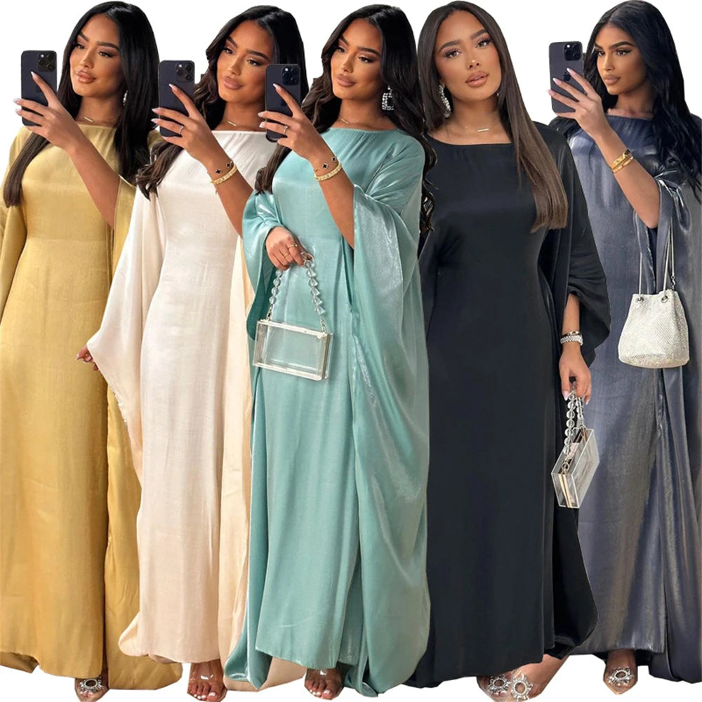 Batwing Butterfly Sleeve Satin Khimar Abaya Dubai Luxury 2024 Muslim Kaftan Dress Abayas For Women Kebaya Caftan Vestidos Femme - Seprincess