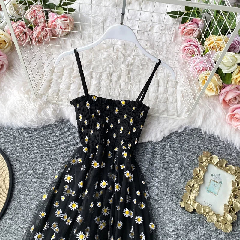 Women daisy Print Dresses Summer Sexy Lace Mesh Dress Spaghetti Strap Ruched Floral Vestidos Korean Style Long Dress - Seprincess