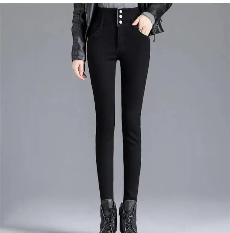 Epligg Thermal Winter Thick Women Stretch Button Pencil Pants Velvet Casual Jeans Thick Fleece High-waist Warm Skinny Jeans