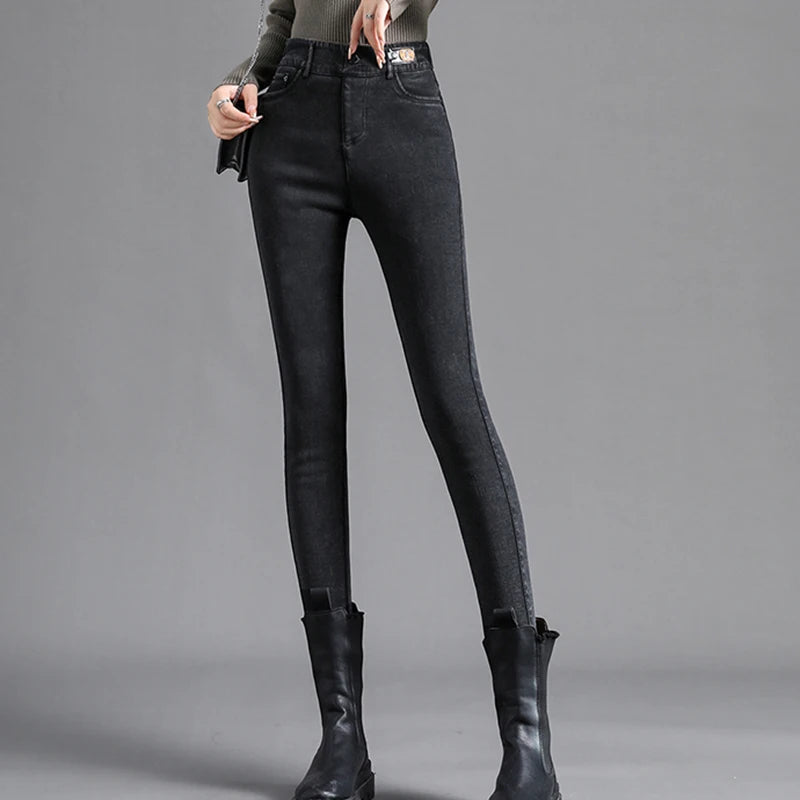 Women's Autumn And Winter Denim Jeans Thick Velvet Slim High Waist Small Leg New Black High Stretch Pencil Pants