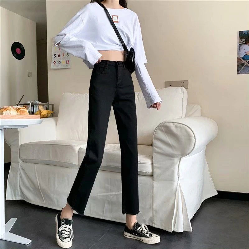 Black High-Waisted Female Denim Jeans Newly Stretched  All Match Classic Pants Straight Raw Edge Women Classic Pants