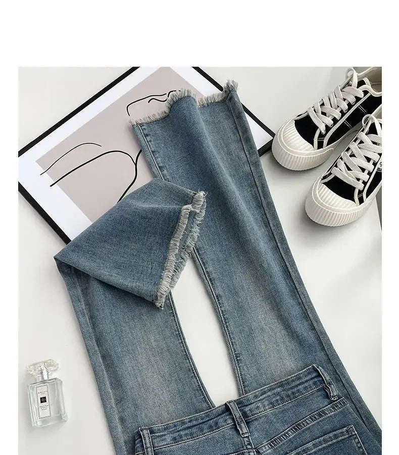 Summer New Fringe Jeans Women's Student High-waisted Elastic Slimming Bootcut Pants Vintage Thin Bell-bottom Pantsins