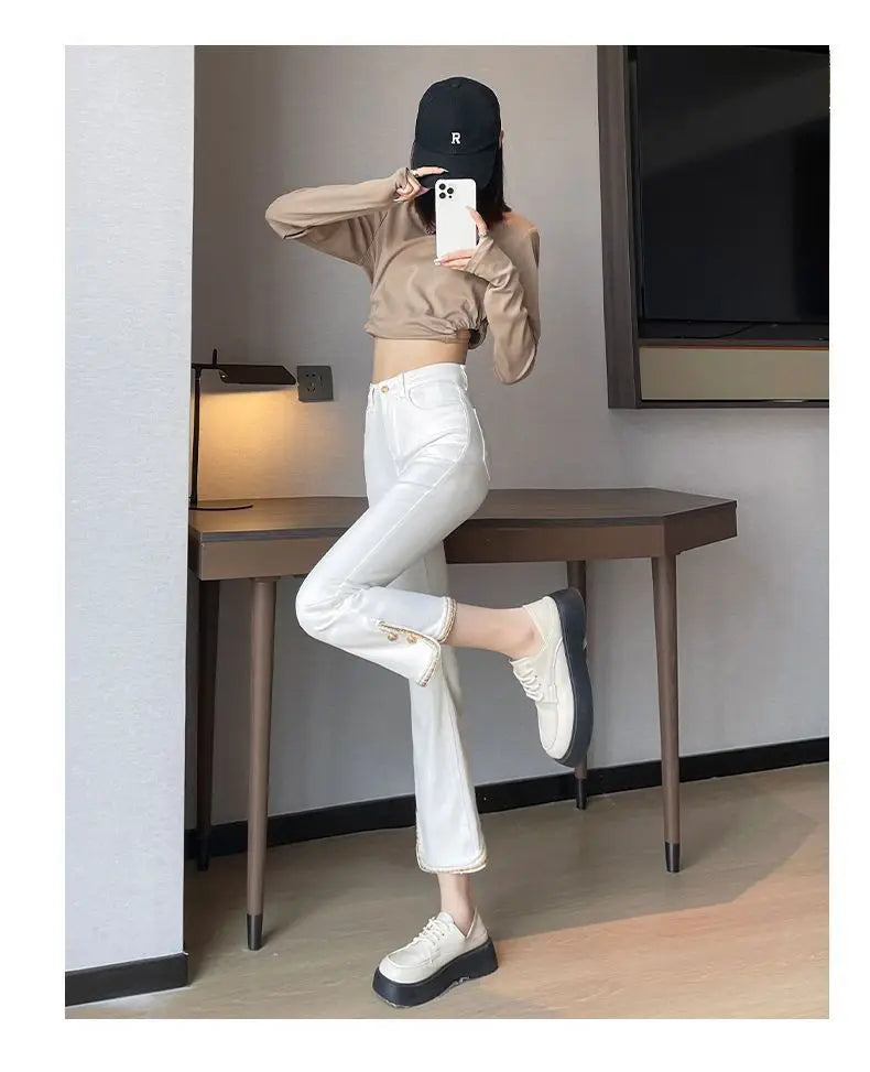 Winter Fashion Luxury Women's Clothing Slim Pants Elastic Force Solid Color Panelled Button Slit Straight Tube Cropped Trousers