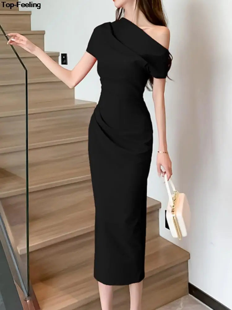 Elegant Off Shoulder Evening Party Dresses Women Summer Fashion Slim One Piece Solid Vestidos Korean Graduation Robe Clothing - Seprincess