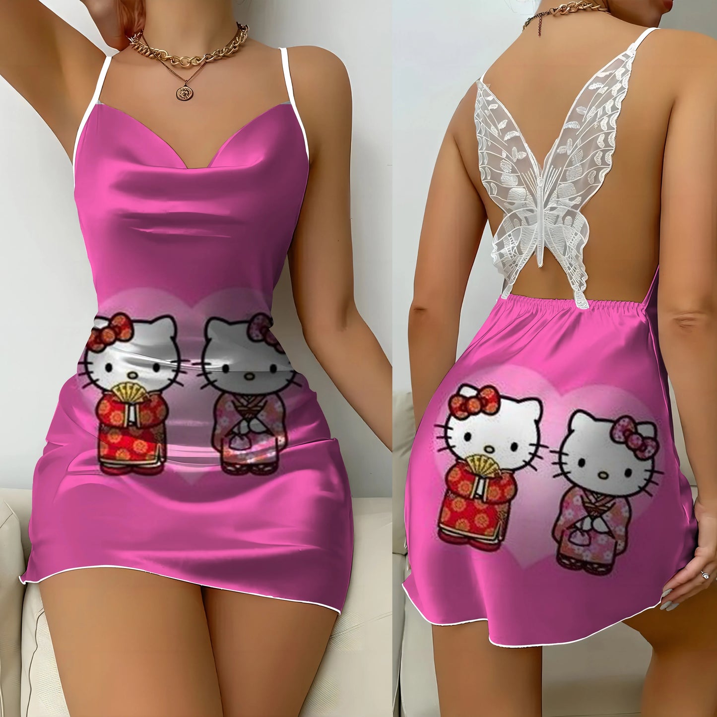 Mini Dress Pajama Skirt Hello Kitty Sexy Dresses Off Shoulder Bow Knot Satin Surface Womens Fashion Summer 2024 Short Party Lace - Seprincess