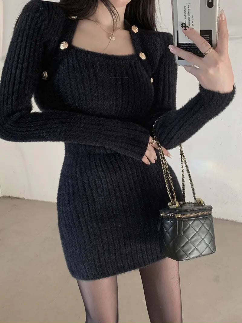 QWEEK Knit Knitted Balck Bodycon Mini Dress 2023 Autumn Winter Korean Fashion Kpop Long Sleeve Short Dresses Streetwear