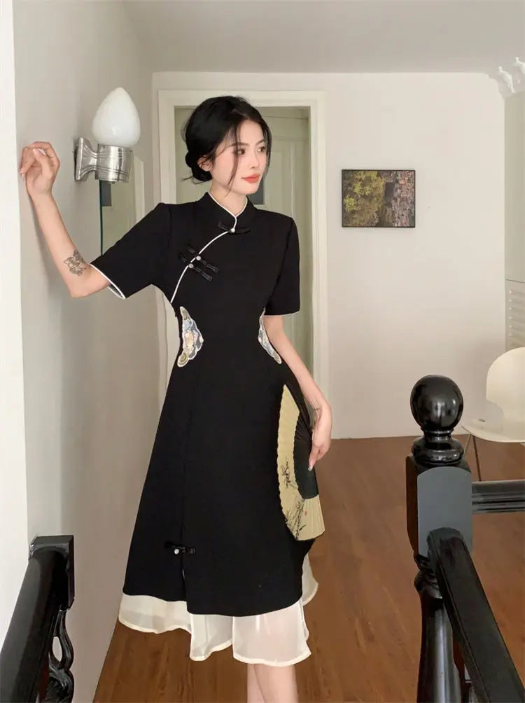 2023 Chinese Improved Hanfu Cheongsam Dress Women A Line Qipao New Fashion Style Short Sleeve Casual Daily Lady Cheongsam Dress - Seprincess