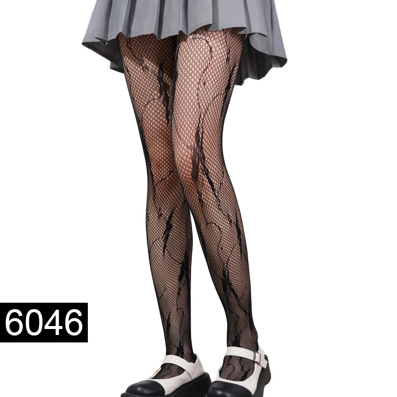 Women Sexy Pantyhose Mesh Fishnet Nylon Tights Long Body Stockings Jacquard Step Foot Fashion Seam Lingerie Ladies Black Hosiery