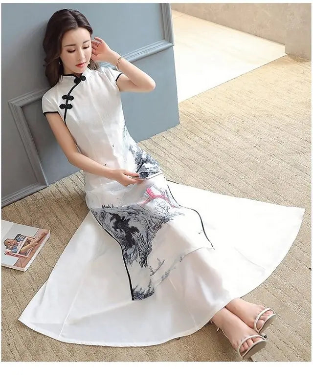 Women Chinese Traditional Hanfu Landscape Painting Cheongsam White Dance Dress Qipao Chiffon Robe Vintage Chinese Style Dresses - Seprincess