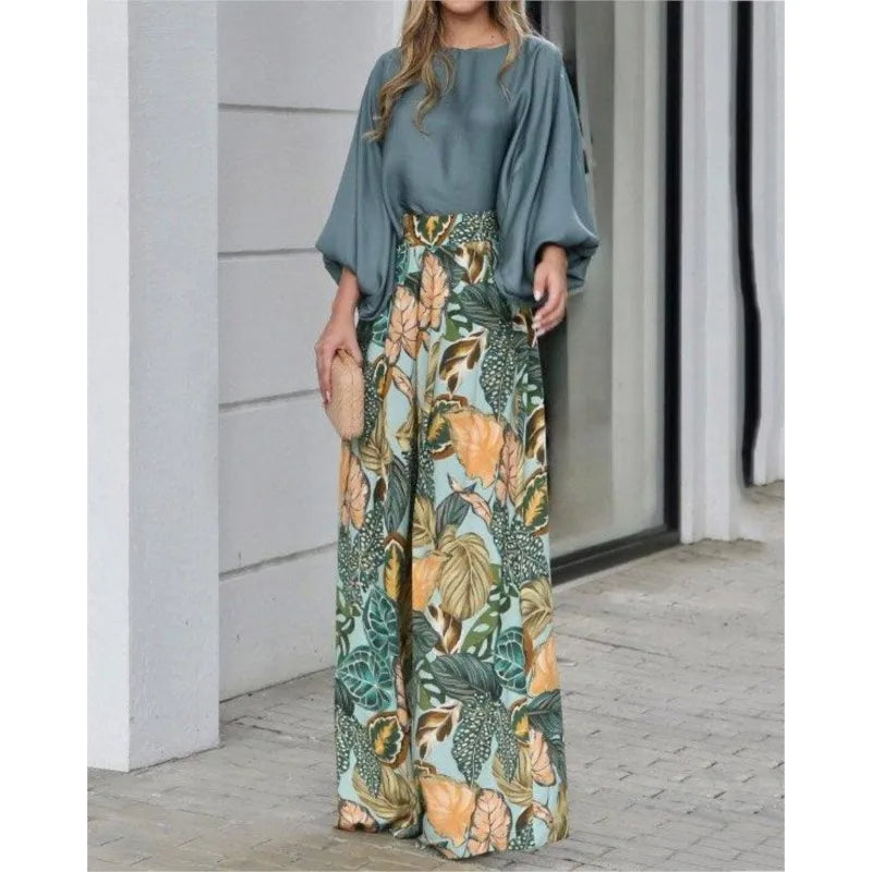 2024 Summer New Women's Clothing Set Lantern Sleeves Loose Top Printed Wide Leg Pants Two Piece Set Casual Ladies Trouser Outfit - Seprincess