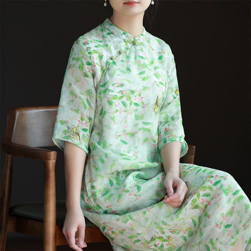 New Chinese Style Lady Cheongsam Qipao Summer Ethnic Elegant Floral Ramie Long Dress Standing Collar Retro Improved Qipao - Seprincess