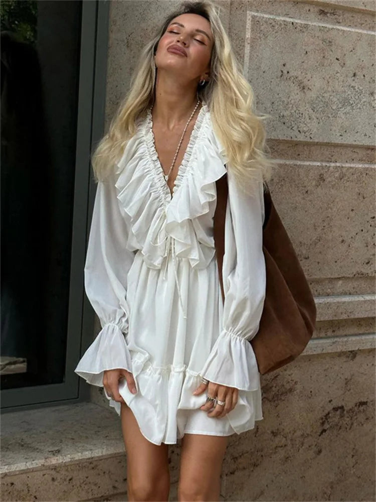 Tossy Ruffled V-Neck White Mini Dress Female Patchwork Long Sleeve Elegant Bandage Fashion Dress High Waist Lace-Up Women Dress - Seprincess