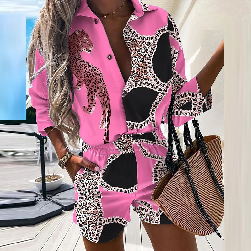 Casual Two Piece Sets Womens Outfits 2023 Spring Leopard Print Button Shirt Top And Shorts 2 Piece Set Summer Beach Shorts Women - Seprincess