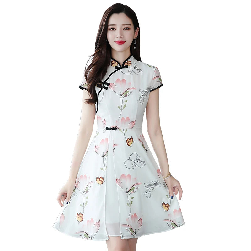 2023 Summer New Modern Improved Cheongsam Chiffon Printing Vintage Traditional Chinese Style Slim Qipao Dress - Seprincess