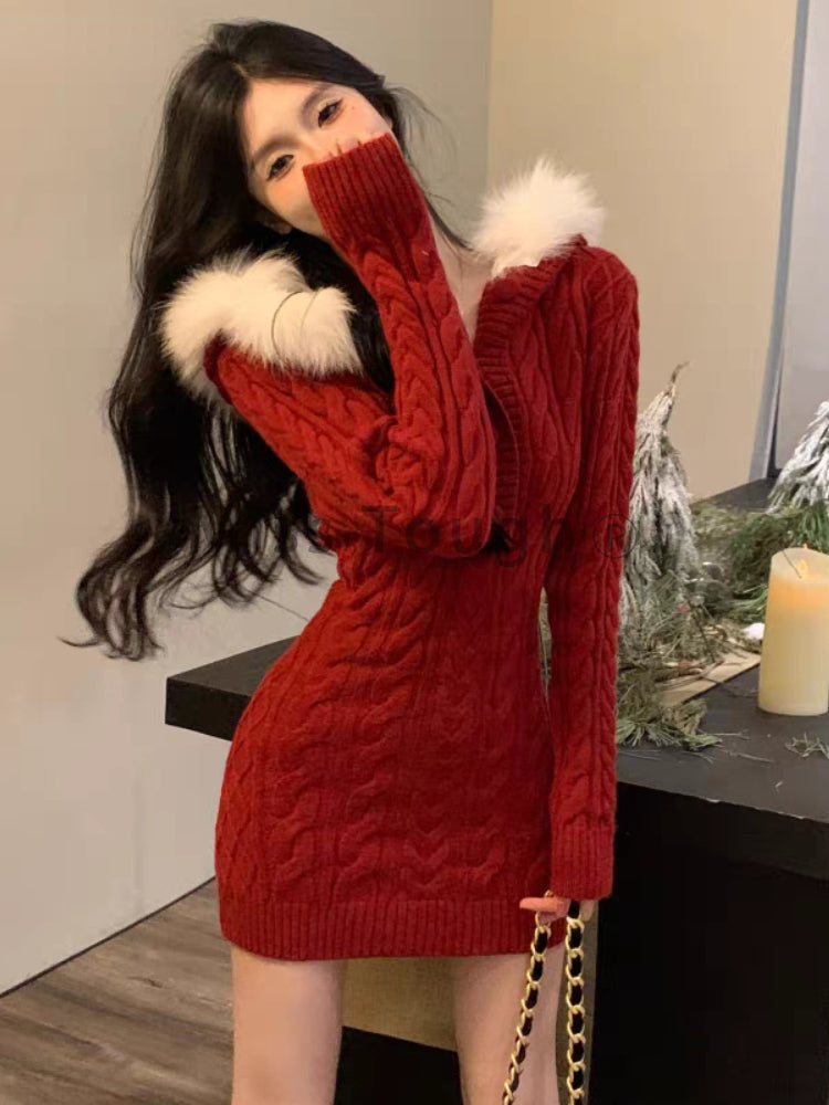 Christmas Red Elegant New Sweater Women Slim Fur Patchwork Hooded Knitted Dress Female Korean Fashion Casual Warm Clothes 2024 - Seprincess