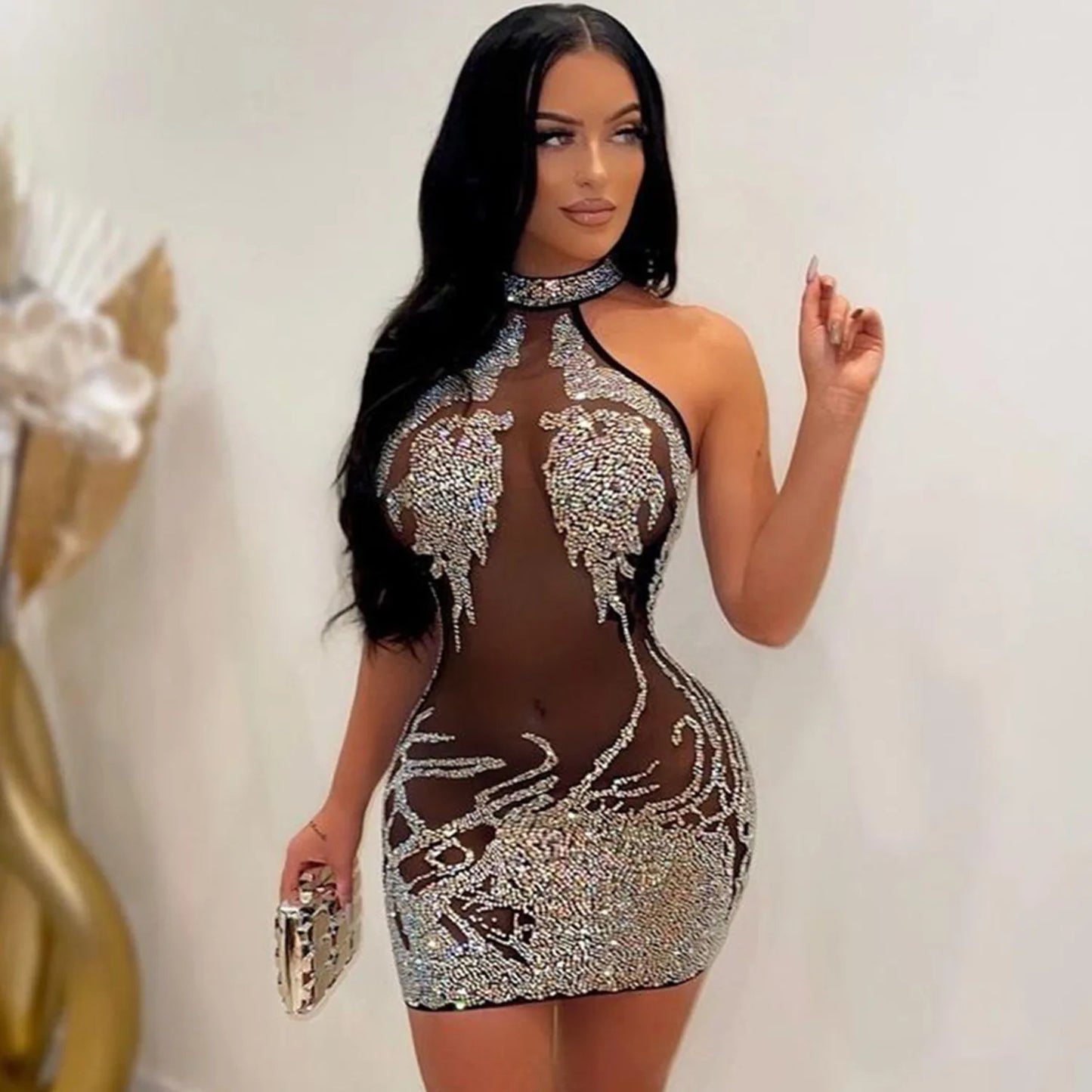 Sexy Mesh Rhinestone Short Prom Evening Mini Dress See Through Outfits Luxury For Women Night Club Party Diamond Bodycon Dresses - Seprincess