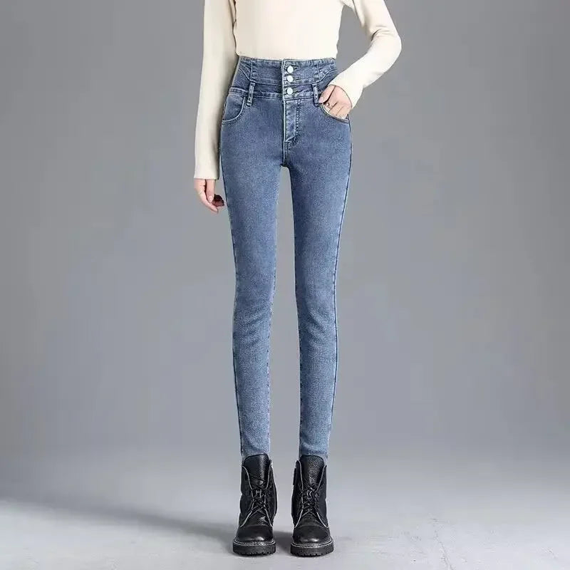 Fashionable High-Waisted Button-Up Jeans With Elastic Waistband And Pencil Legging Design Versatile Solid Color For Autumn/Winte