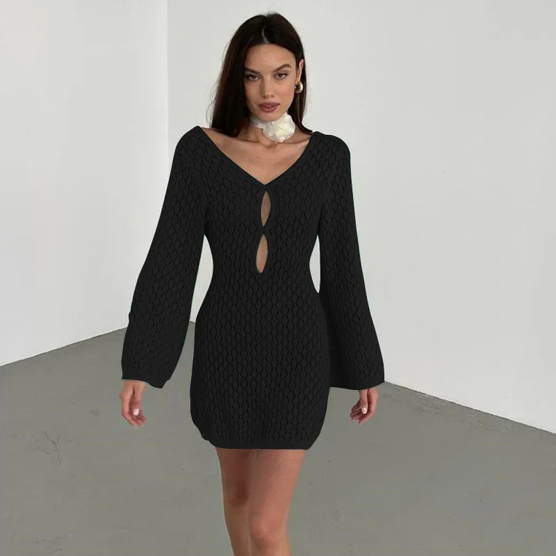 Sexy Women Long Knit Beach Dress Hollow-Out Deep V-Neck Long Sleeve Bikini Cover-Ups Dress Fall Backless Holiday Dress - Seprincess