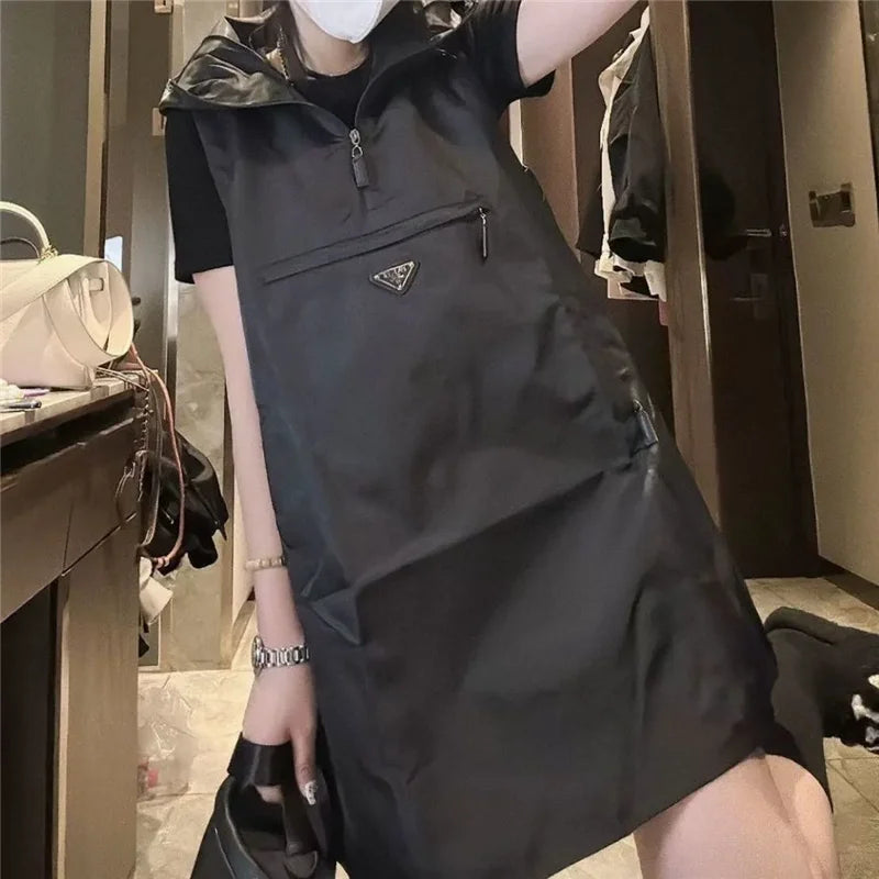 Spring Summer Hooded Waistcoat Dress Women 2024 New Fashion Loose Leisure Sleeveless Dress A Word Skirt Pure Colour 5XL Female - Seprincess