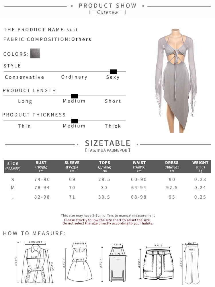 Cutenew Women's Mesh Two Piece Set Sexy Long Sleeve Lace-up Outer Wear Top+Halter Skinny Hollow Out Lady Dress Suit New Outfit - Seprincess