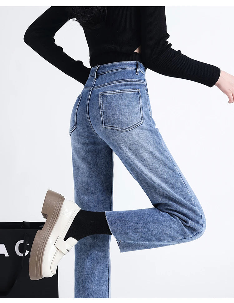 New Straight Denim Jeans Plus Velvet Autumn Winter Micro brushed Edge Elastic Pants High Waist Elastic Fleece Women's Trousers