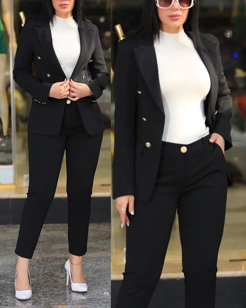 New 2023 Formal Office Pant Sets Women 2PCS Double Breasted Solid Blazers Jacket and Pants Two Pieces Set Female Pant Suits Sets - Seprincess