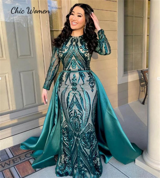 Vintage Emerald Green Evening Dress With Detachable Train Plus Size Elegant Sequin Dubai Abayas Muslim Prom Dress Formal Party - Seprincess