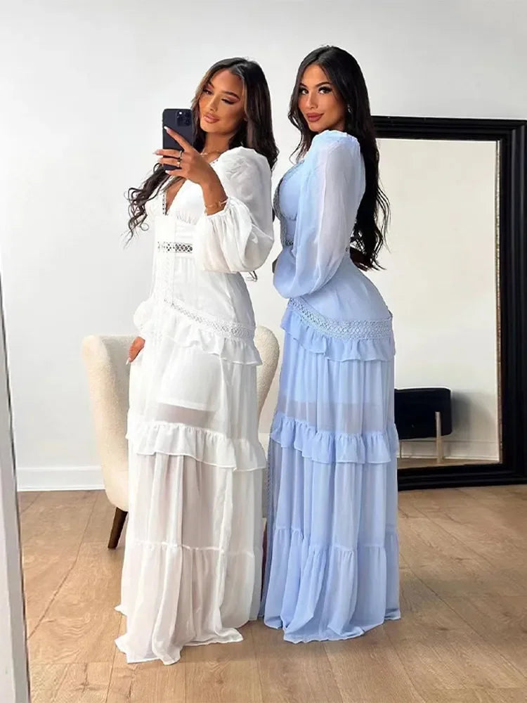 Women Elegant Layered Ruffles Patchwork Long Dress Chic V Neck Puff Full Sleeves Split Maxi Dresses Fashion Lady Party Robes - Seprincess