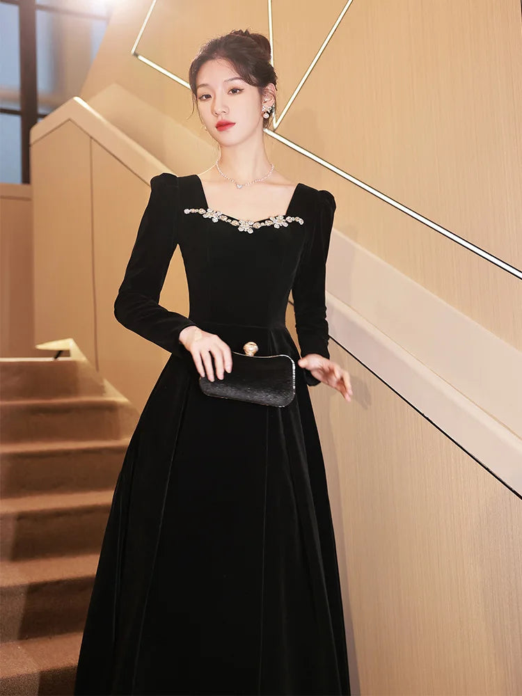 Autumn Winter Black Evening Dress Women Elegant  Luxury Velvet Long Sleeve A-line Party Dresses French Beadding Prom Gown - Seprincess