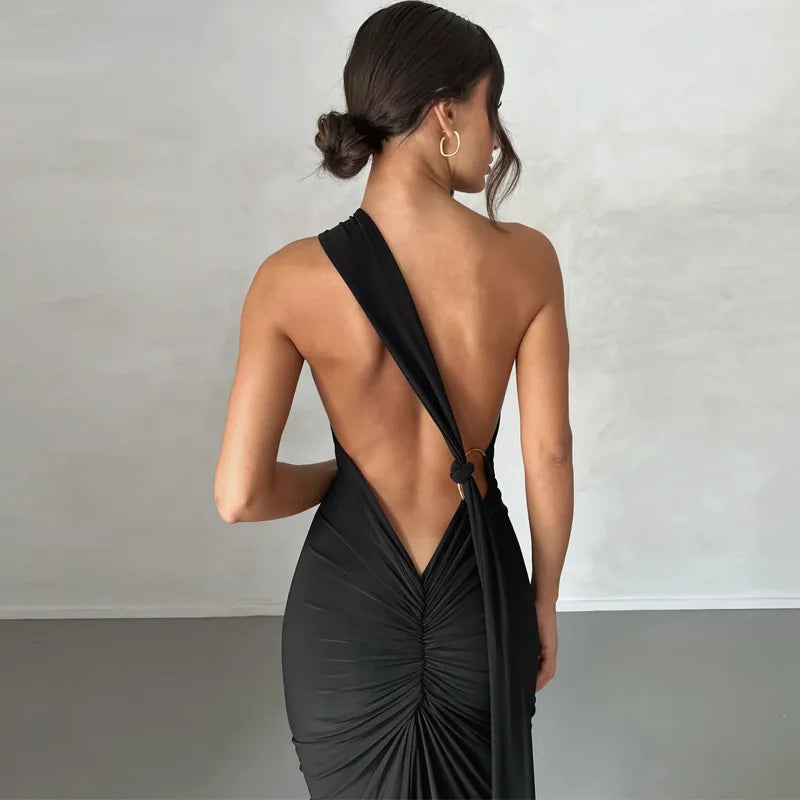 Womens Elegant Evening Party Cocktail Long Dress Sexy Backless Open Back Ruched Slim Bodycon Formal Wedding Guest Maxi Dress