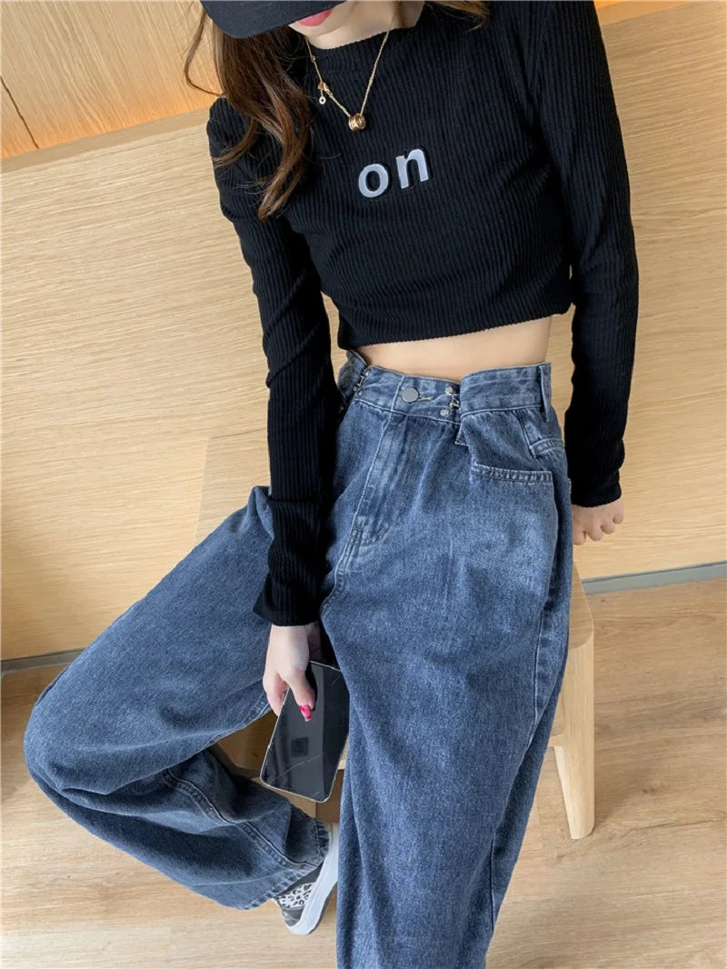 Spring Autumn High Street Network Red Denim Pants Female Y2k Korean Version High Waist Loose Leg Straight Leg Mopping Pants Tide