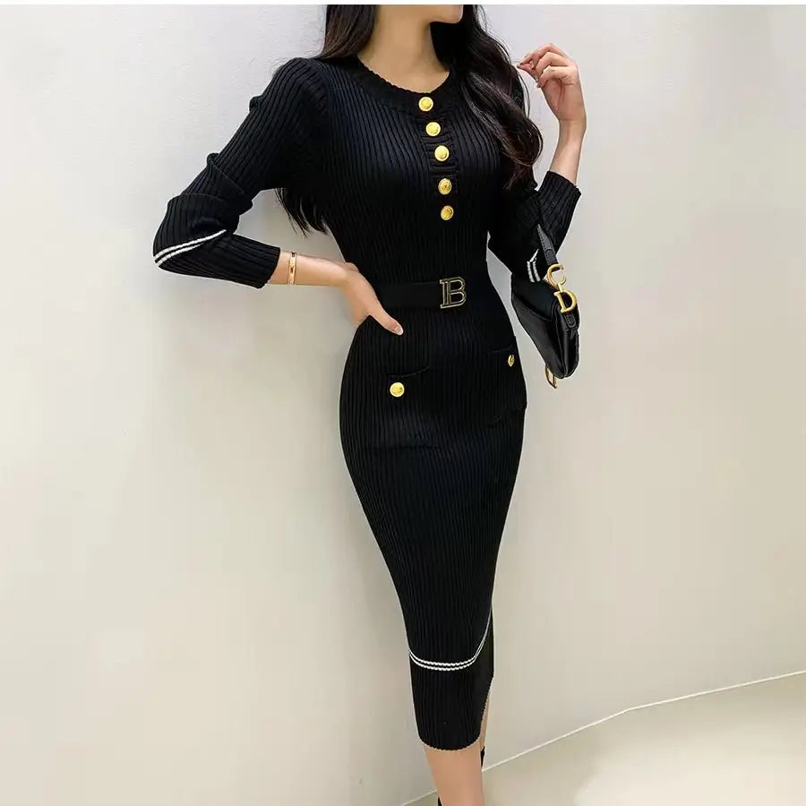 Autumn Winter Women Knitted Dress Brand Fashion O-neck Buttons Bodycon Sweater Dress with Belt Lady Office Dress - Seprincess