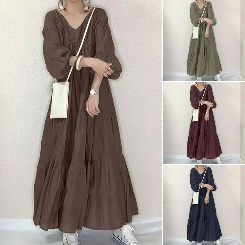 ZANZEA Vintage Ruffle Dress Women's Spring Sundress Casual Puff Sleeve Maxi Vestidos Female V Neck Robe Elegant Long Dresses - Seprincess