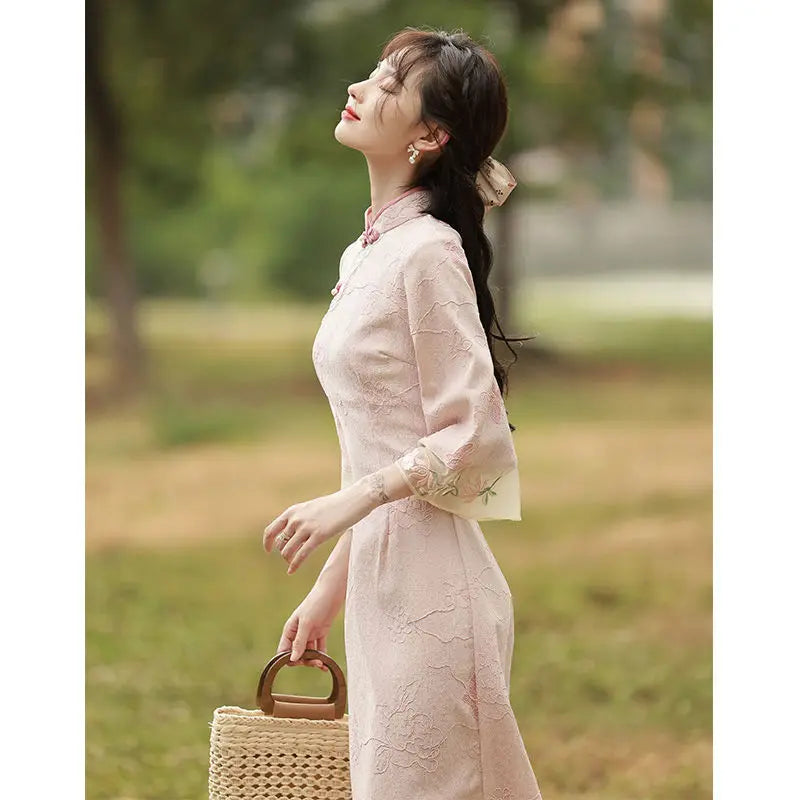 2023 New Pink Cheongsam Embroidery Lace Women Dress Vintage Long Improved Sleeve Chinese Traditional Qipao S To XXL - Seprincess