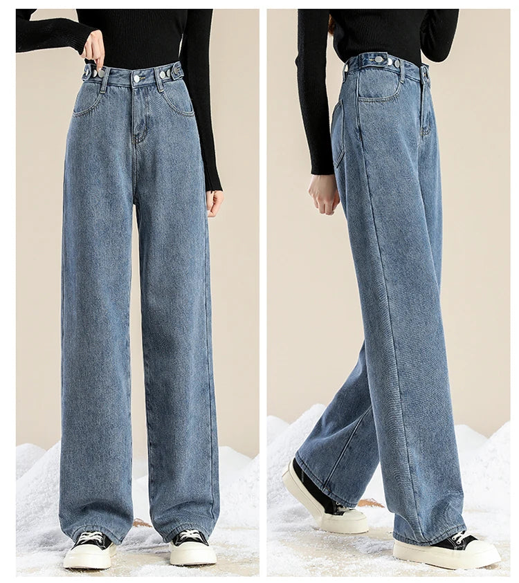 Women Pants 2023 Winter Fashion Korean Edition New Style Versatile High Waist Straight Cylinder Thick Fleece Wide Leg Jeans