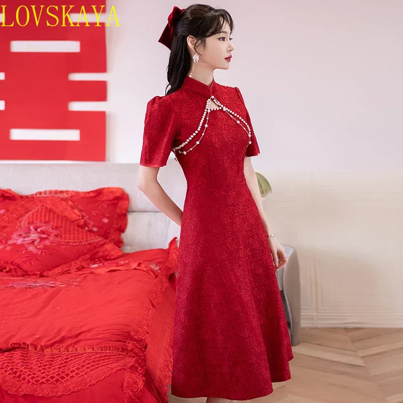 Summer New Retro Short Sleeve Wedding Lace Cheongsam Chinese Traditional Modern Women Qipao Dress - Seprincess