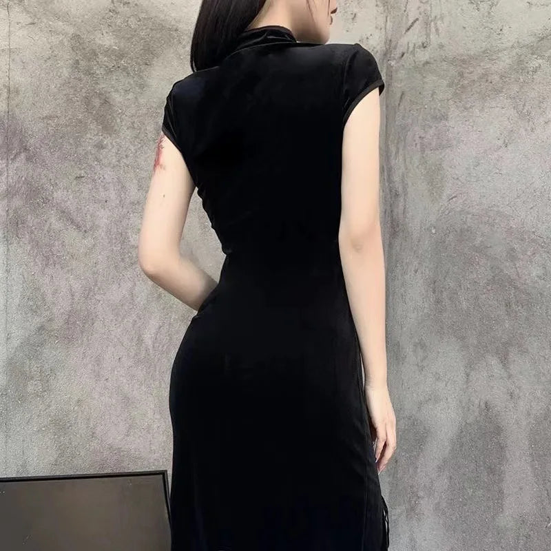 Vintage Black Gothic  Bandage Dress Sexy Cheongsam High Split Velvet Dress Spring Retro Long Qipao Women Aesthetic Dresses - Seprincess