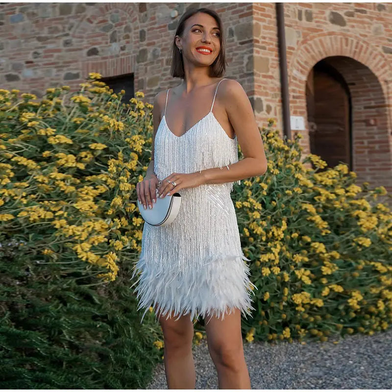 2024 Sexy Women's Fringed Sequin Feather Stitching Dress Summer Slim V-Neck Off Shoulder Dresses Female Backless Slip Mini Robe