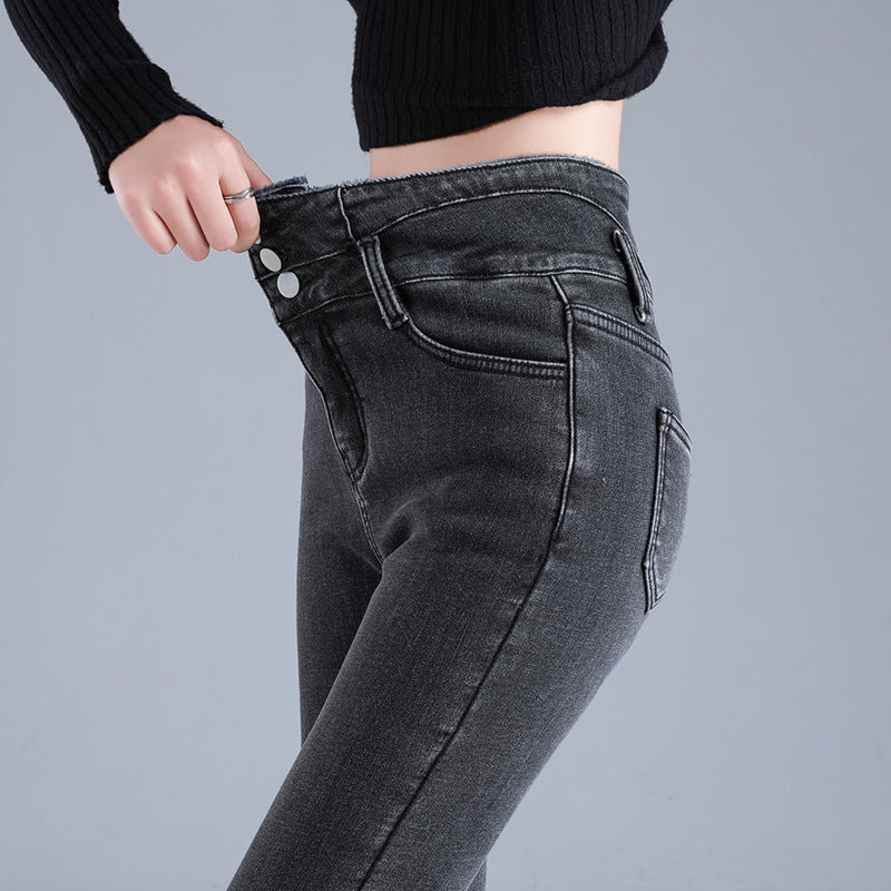 Women Thermal High Waist Jeans Winter Snow Warm Plush Stretch Jeans Lady Skinny Thicken Students Denim Pants Fleece Fur Trousers