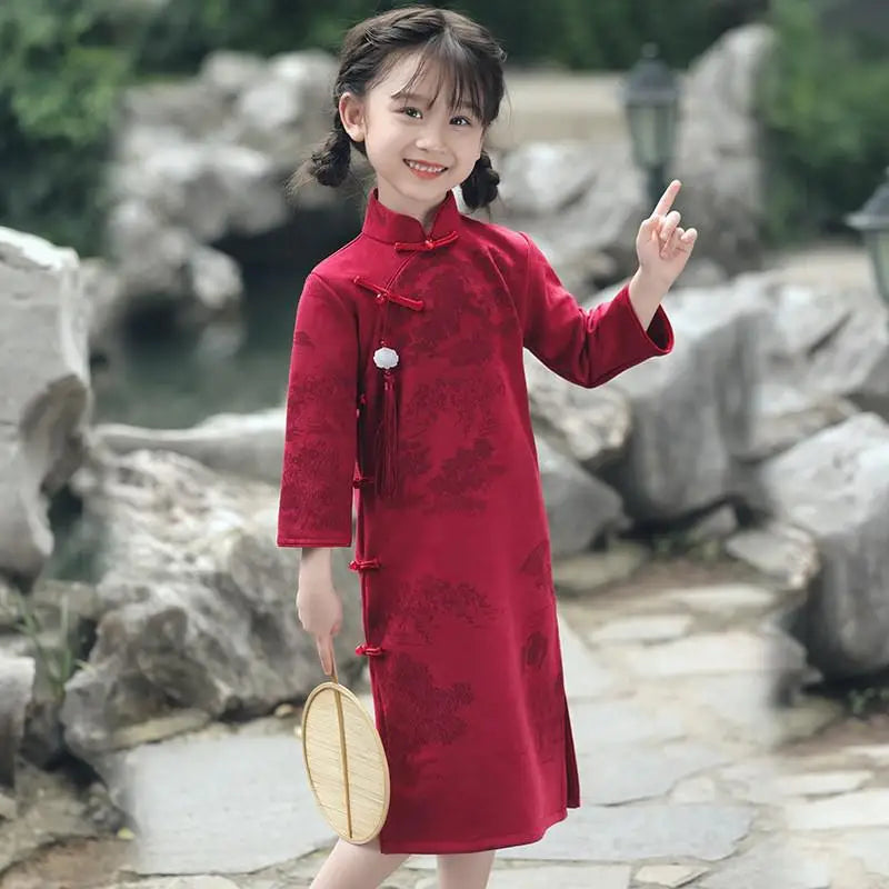 Children's Hanfu Cheongsam 2023 Autumn Winter New Retro Princess Dress Chinese Traditional Qipao Baby Girl Qipao Dress Kids - Seprincess