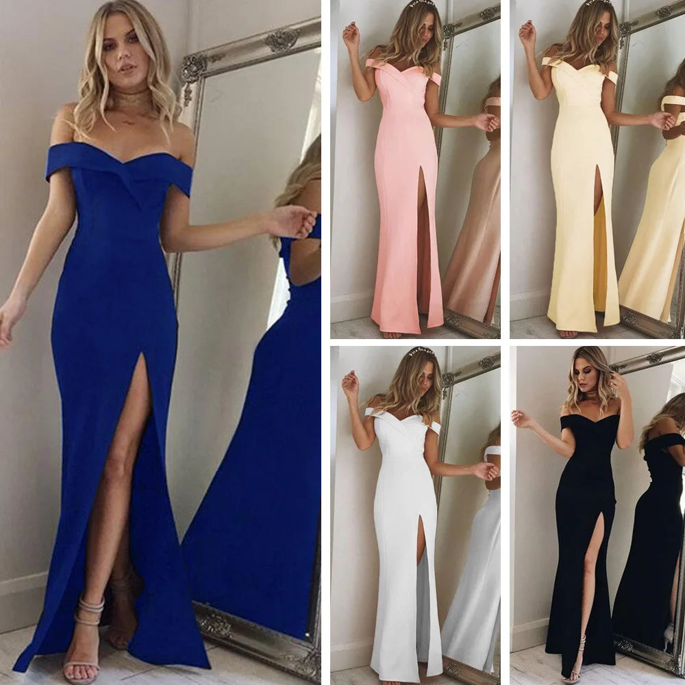 Women Split Bodycon Long Maxi Dress Party Wedding Prom Formal Elegant Solid White Off Shoulder Sleeveless Bandage Cheap Clothes - Seprincess